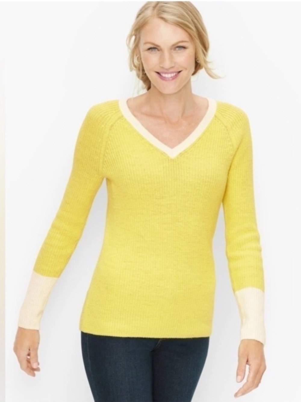 Talbots Tipped V-Neck Pullover Sweater in Yellow Chiffon. PXL. NWT.